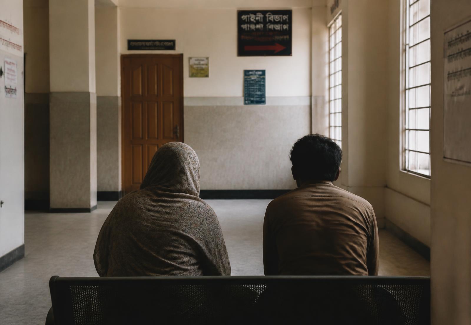 Two people waiting side by side on a bench in a quiet hospital corridor